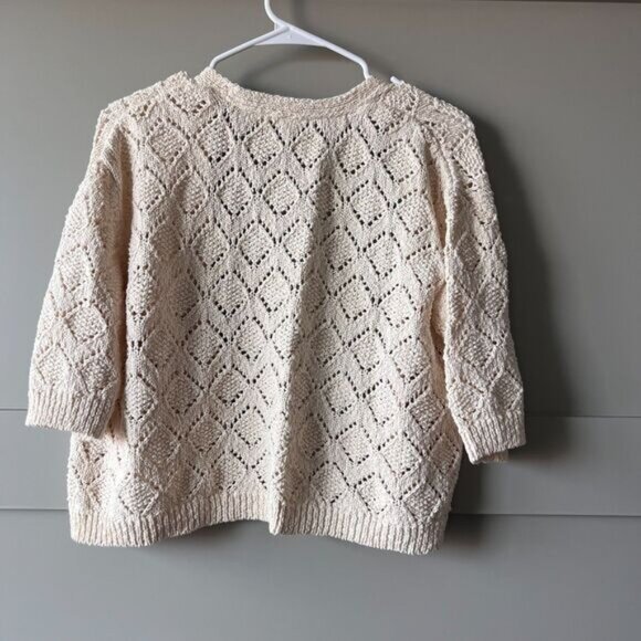 Anthropologie Moth Open Cardigan Womens Medium Beige Half Sleeve Crochet Knit - Picture 2 of 8